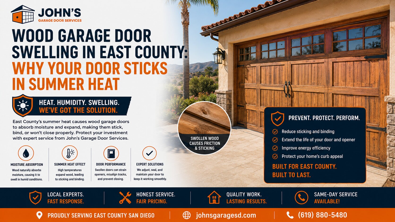 Wood Garage Door Swelling in East County Why Your Door Sticks in Summer Heat