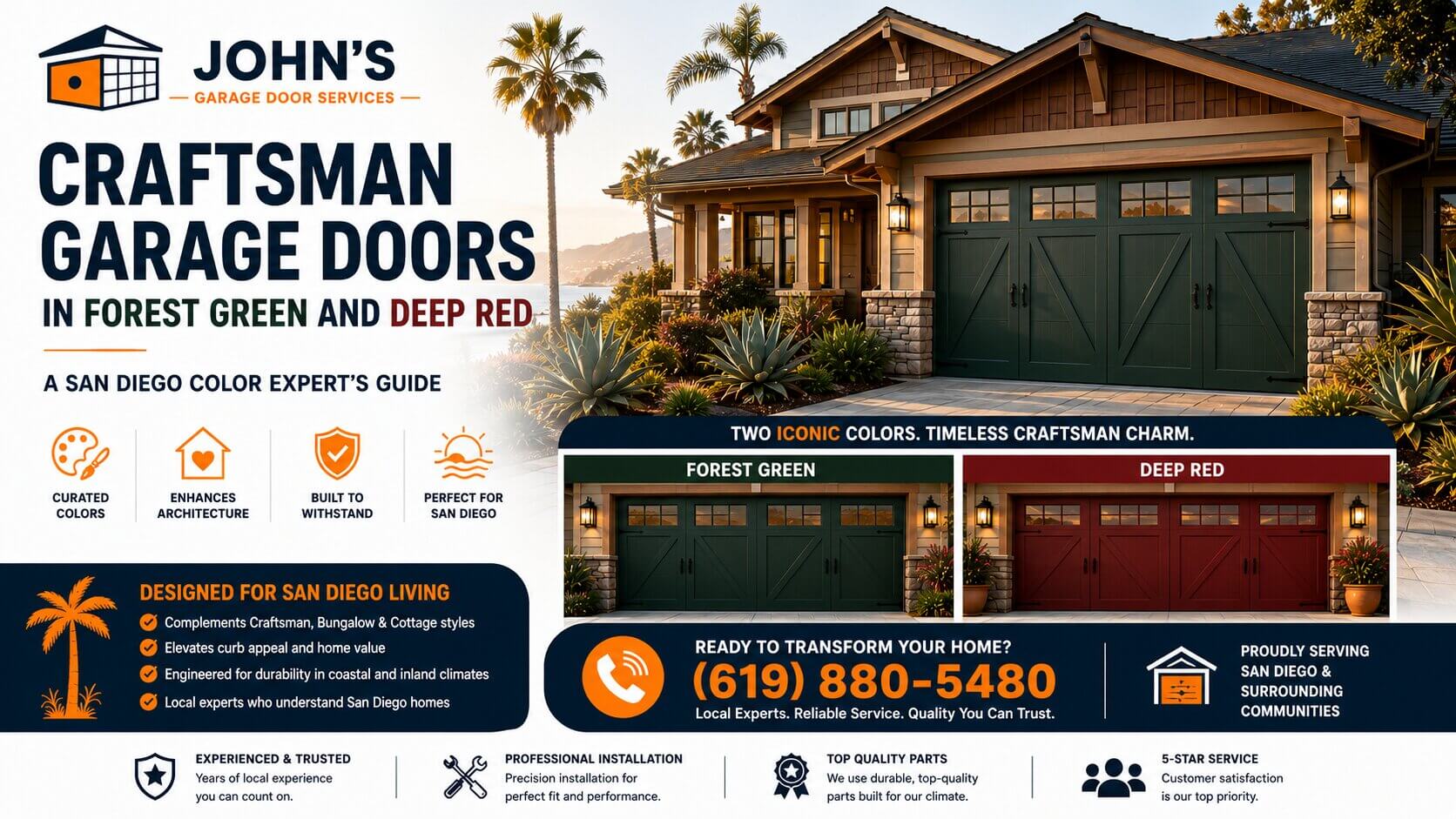 Craftsman Garage Doors in Forest Green and Deep Red A San Diego Color Expert’s Guide