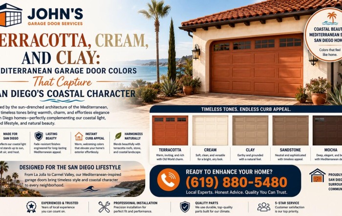 Terracotta, Cream, and Clay Mediterranean Garage Door Colors That Capture San Diego’s Coastal Character