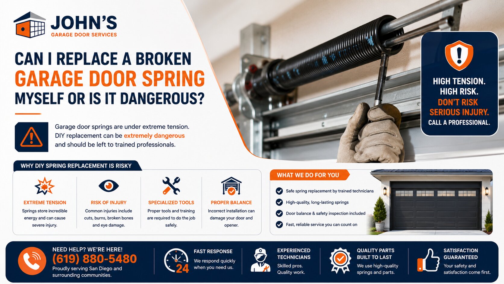 Can I replace a broken garage door spring myself or is it dangerous?