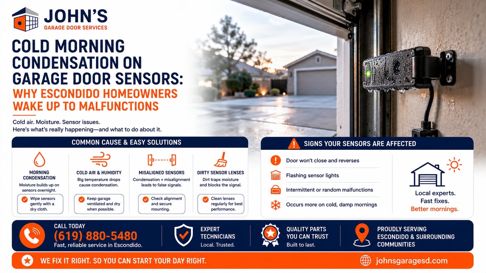 Cold Morning Condensation on Garage Door Sensors Why Escondido Homeowners Wake Up to Malfunctions