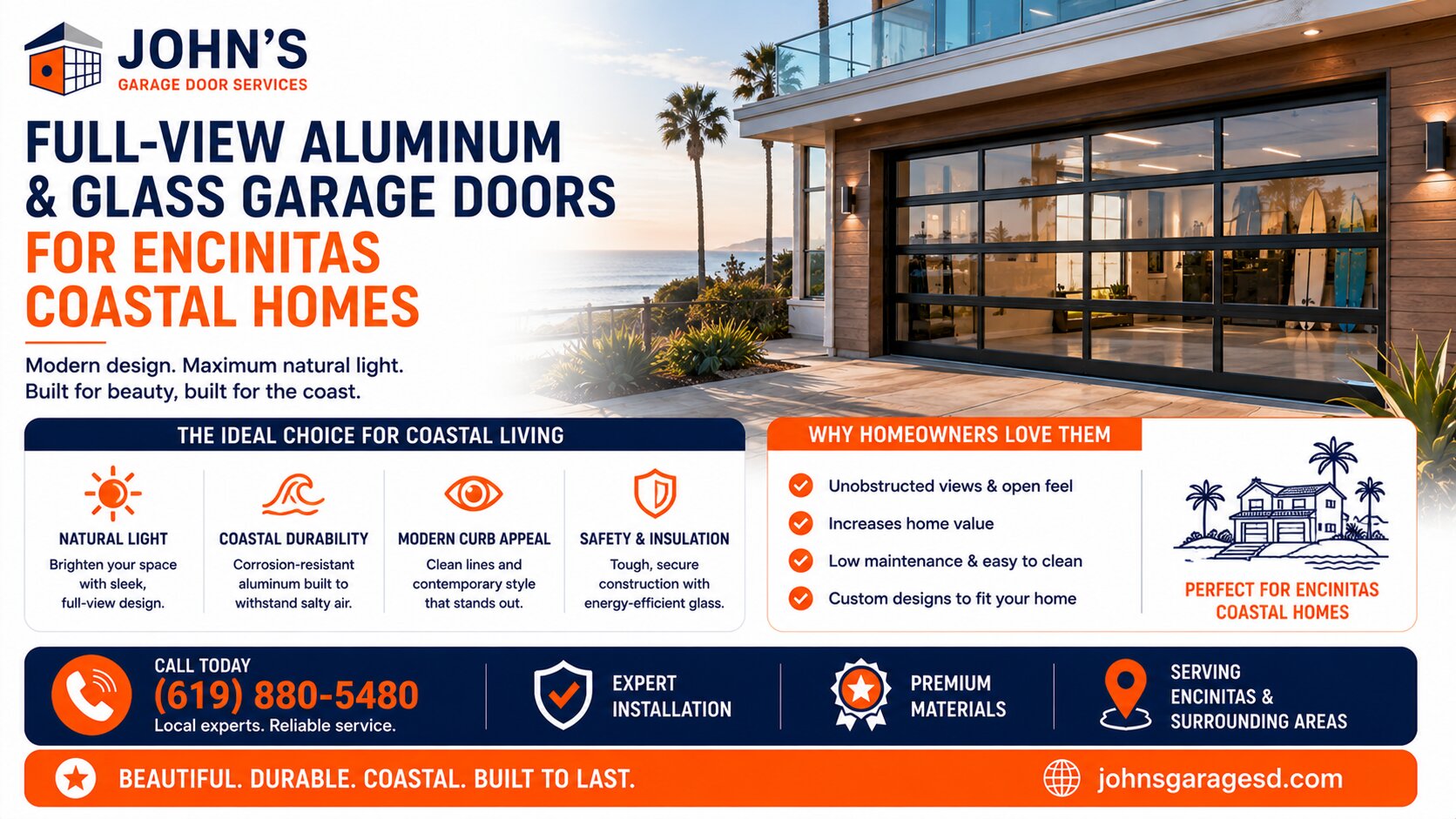Full-View Aluminum and Glass Garage Doors for Encinitas Coastal Homes