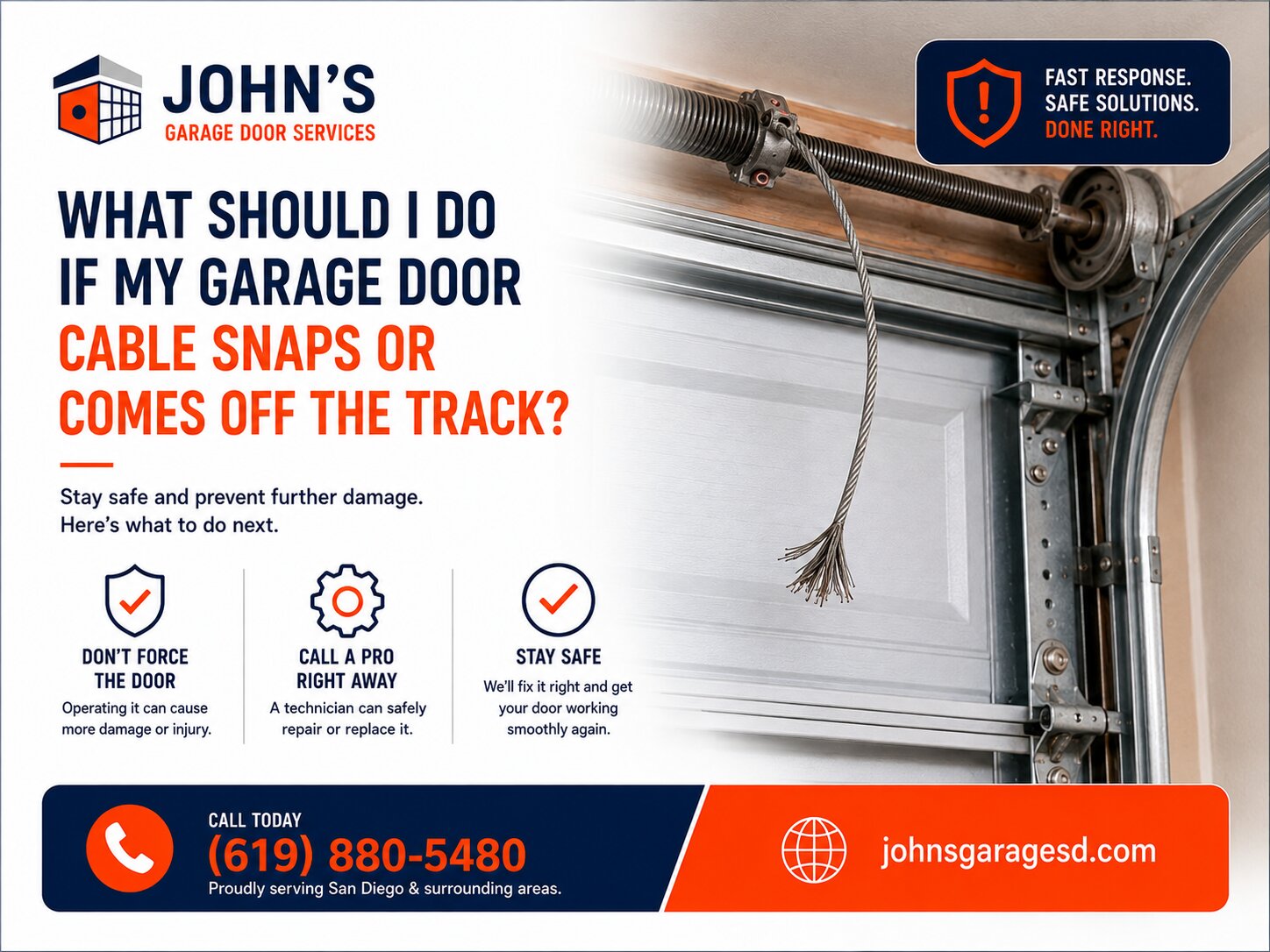What should I do if my garage door cable snaps or comes off the track?