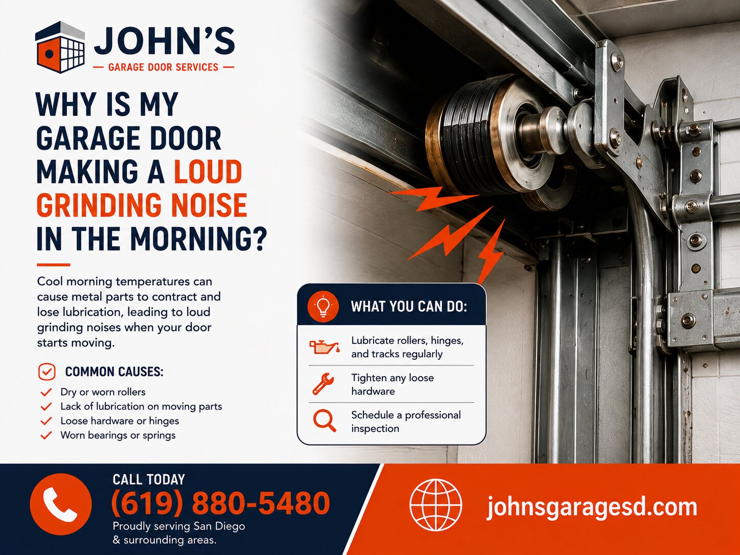 Why is my garage door making a loud grinding noise in the morning?